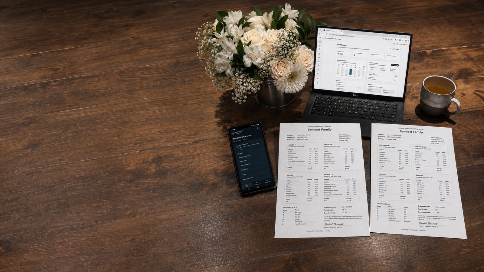 The Gradely mobile learning log shown with completed Canadian and U.S. homeschool transcripts.