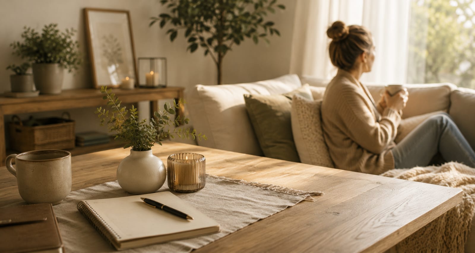 A homeschool parent reflecting with notes and learning materials.