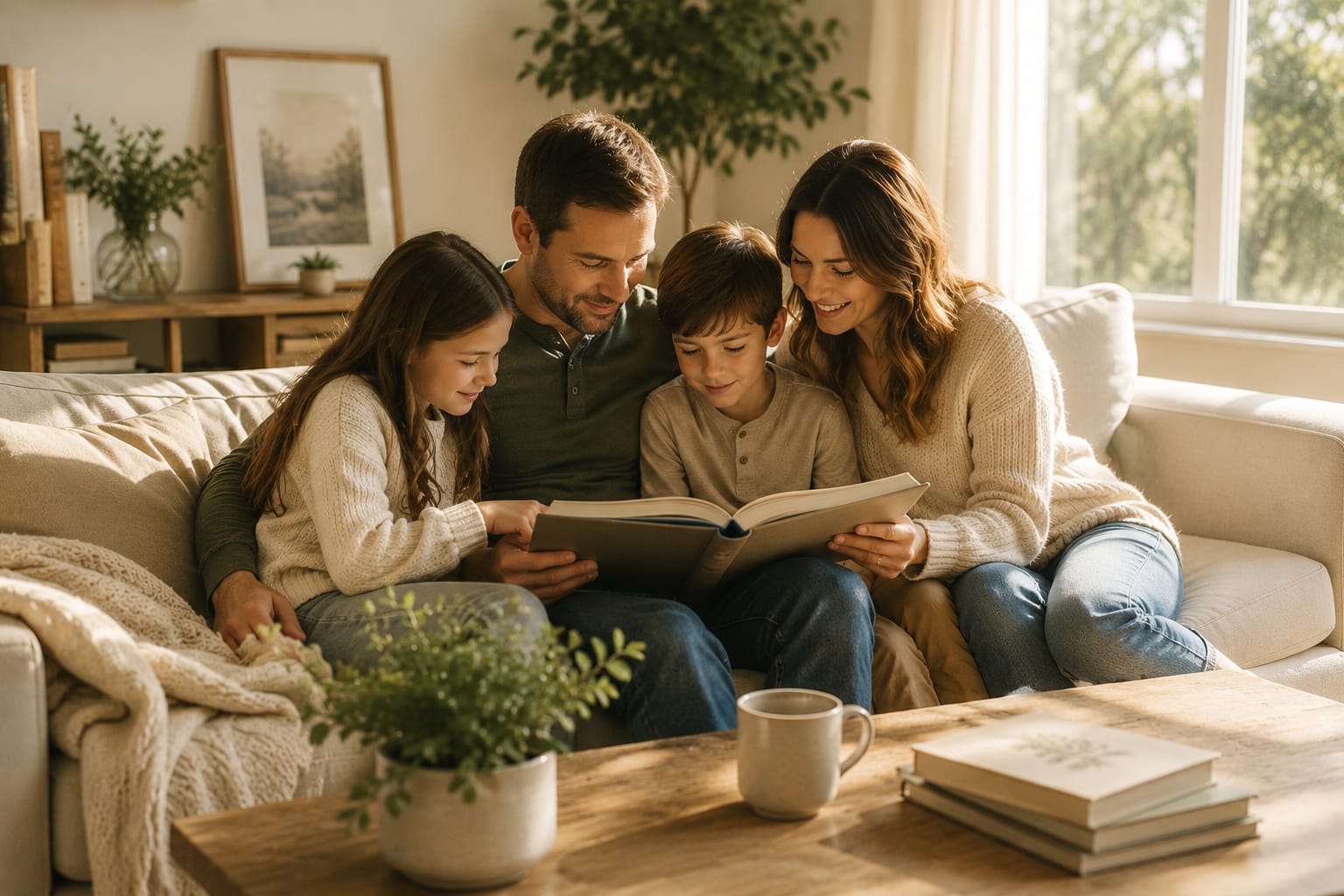 A homeschool family gathered together in a warm living room.