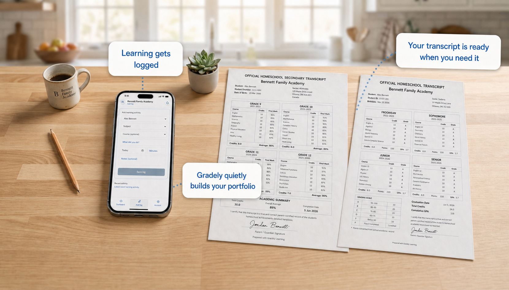The Gradely mobile learning log shown with completed Canadian and U.S. homeschool transcripts.