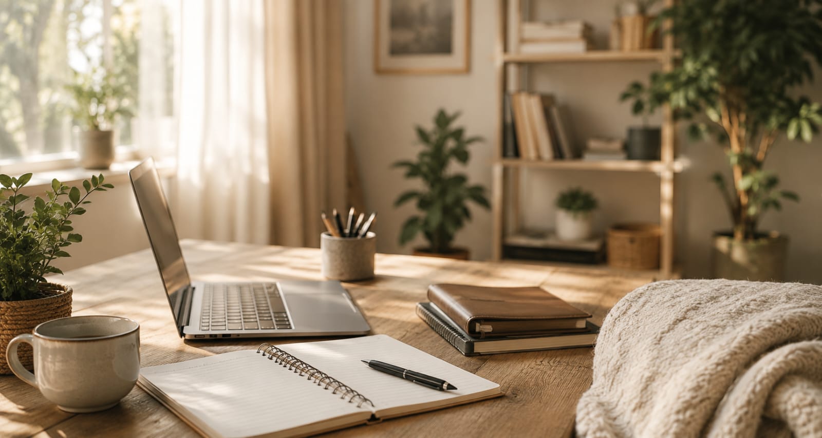 A calm homeschool workspace with a laptop, notebook, and warm light.