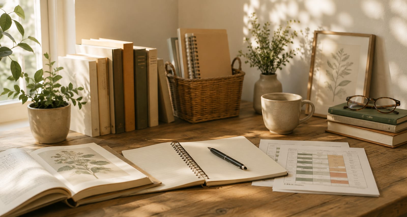 Homeschool resources and learning materials arranged on a table.