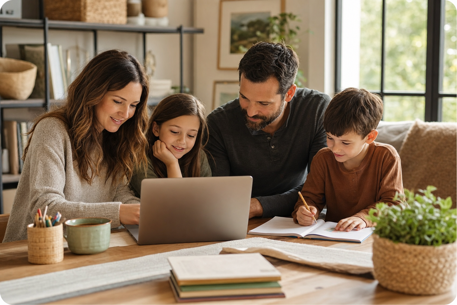 A homeschool family gathered together in a warm living room.