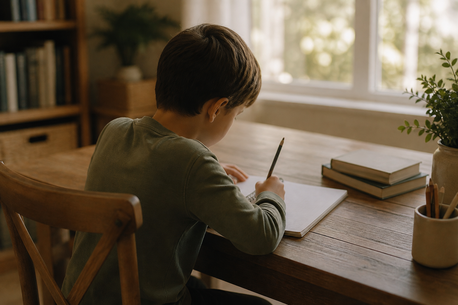 A child writing in a notebook during a calm homeschool moment.
